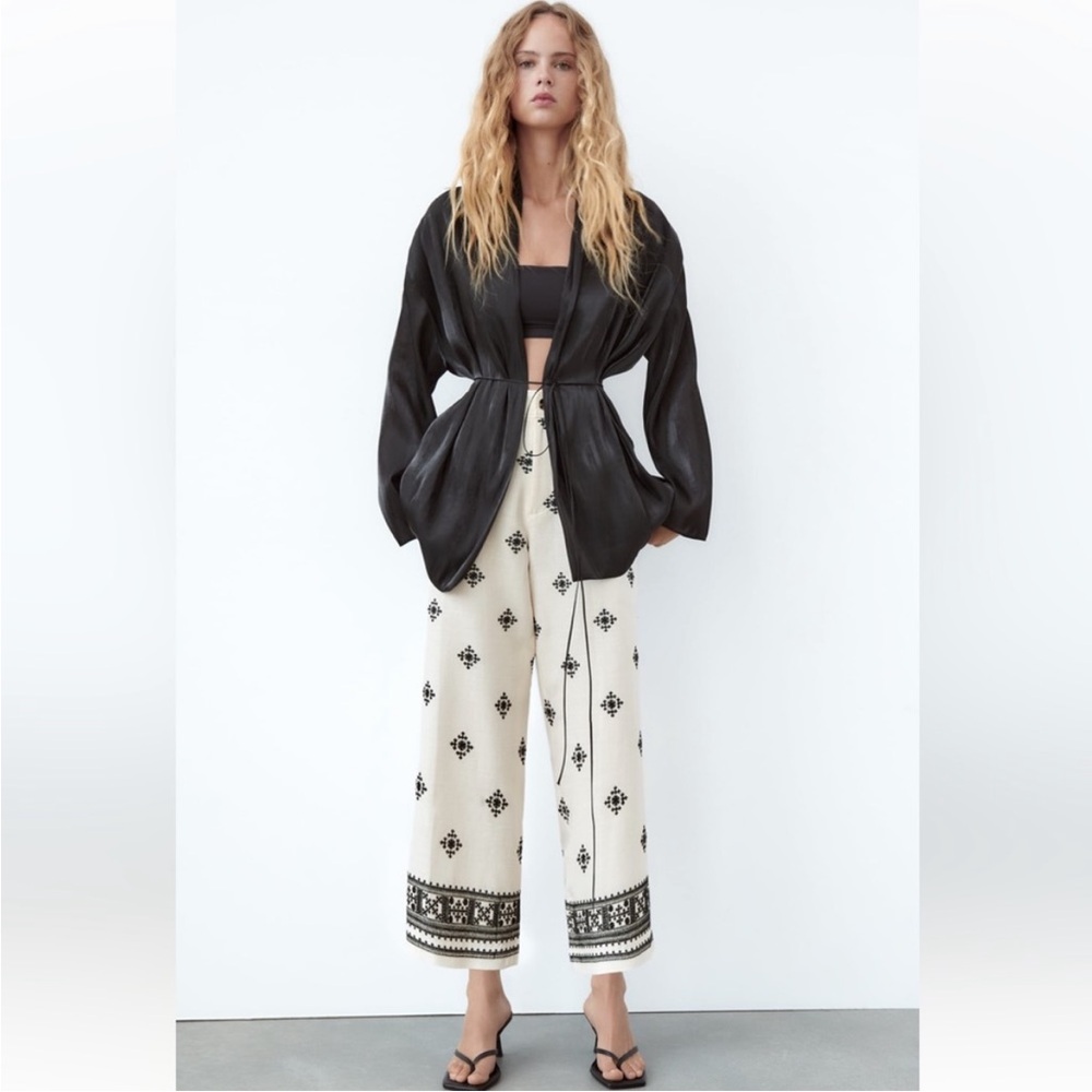 ZARA WHITE & BLACK EMBROIDERED WIDE LINEN PANTS